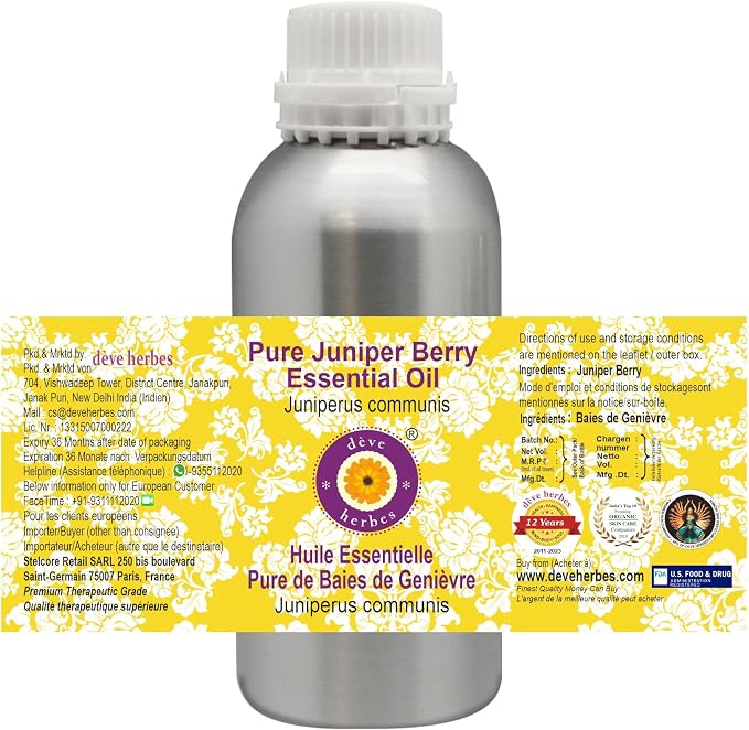 dève herbes Pure Juniper Berry Essential Oil (Juniperus communis) with Glass Dropper Steam Distilled 100ml (3.38 oz)