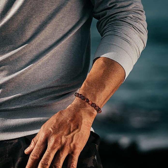 M MOOHAM Mens Bracelet - Beaded Natural Stone 8mm Tiger Eye Matte Agate Lava Rock Bracelets for Men Teen Boys Grandpa Dad Birthday Gifts Jewelry