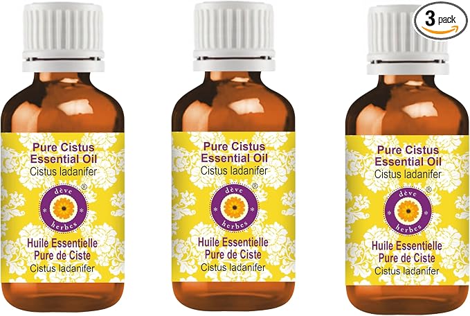 Deve Herbes Pure Cistus Essential Oil (Cistus ladanifer) Steam Distilled (Pack of Three) 100ml X 3 (10 oz)