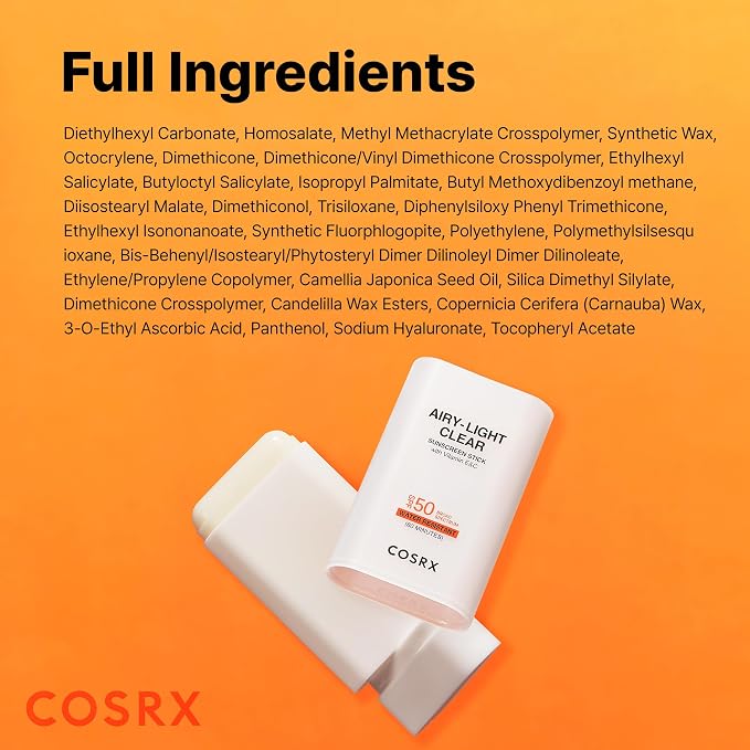 COSRX Airy-Light Clear Sunscreen Stick with Vitamin E&C SPF 50, 0.67 oz, 19g, Korean Suncreen Stick Suncare Sunblock, Lightweight, No White Cast, Water resistant, Oil Control Matte Sunscreen for Face