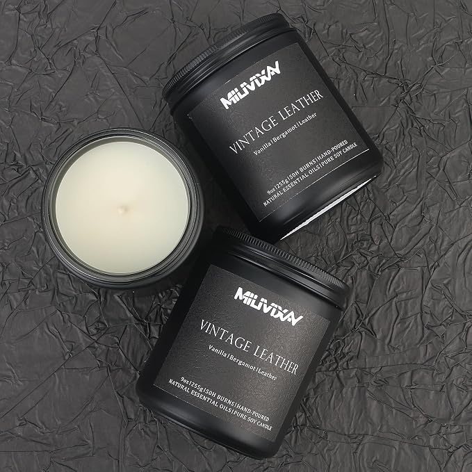 MILIVIXAY Candle for Men Vintage Leather Scented Classic 9oz Jar Single Wick Candle, Soy Wax Candles for Consistent Burn, Over 50 Hours of Burn Time, Ideal for Creating Relaxing & Holiday Gifting.