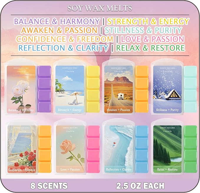 SCENTORINI Wax Melts, Soy Wax Cubes for Relax Healing, Summer Scents Wax Tarts for Warmer, Highly Scented Wax Melts Gift Set for Home Fragrance, 8 Pack