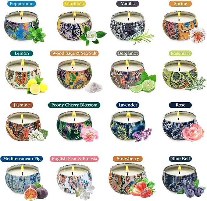 16 Scented Candles Gift,Natural Soy Wax Aromatherapy Candles,Small Portable Tin Candles Set for Mom,Women,Teachers, Colleagues and Friends,2.5 OZ.