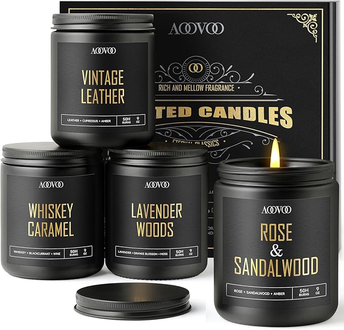 AOOVOO Scented Candles for Men - 4 Pack Candles for Home Scented, 36oz Soy Wax, 200 Hour Burn Time, Men Candle Set, Rose Sandalwood/Whiskey Caramel/Lavender/Leather Candles Set