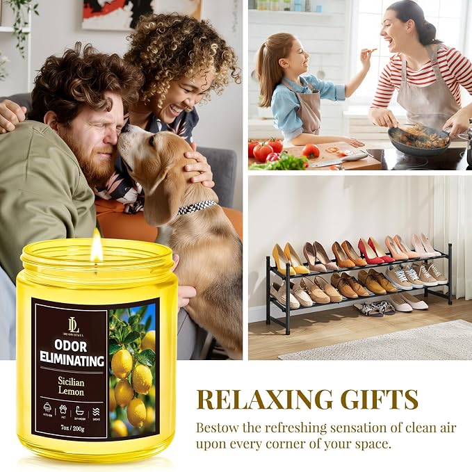 Sicilian Lemon Odor Eliminating Highly Fragranced Candle, Eliminates 95% of Kitchen Grease & Pet Odors Quickly, Air Freshing Scented Candles, Soy Candle Gifts for Women Men, 7oz
