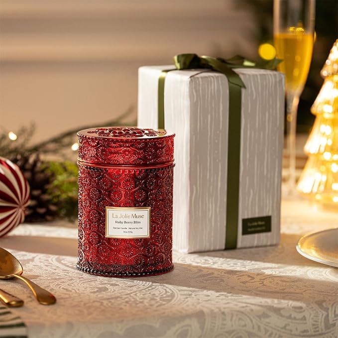 LA JOLIE MUSE Ruby Berry Bliss Scented Candles for Home,19 oz Natural Soy | Christmas Winter Holiday Decor, Large Luxury Red Jar Candle, Clean Non Toxic, Gift for Women,Men, Wood Wick, Orange,Cranberry