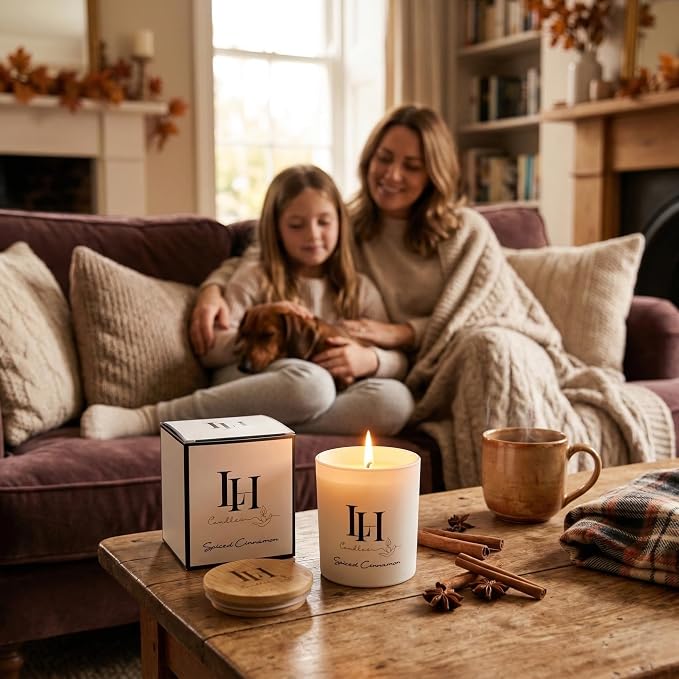 LH Spiced Cinnamon Scented Candles 10.6 oz – Romantic Candle for Home Ambience, Warm Cinnamon Aroma, Aromatherapy Jar Candle Cozy Decor Gift for Women or Men Relaxing Fragrance