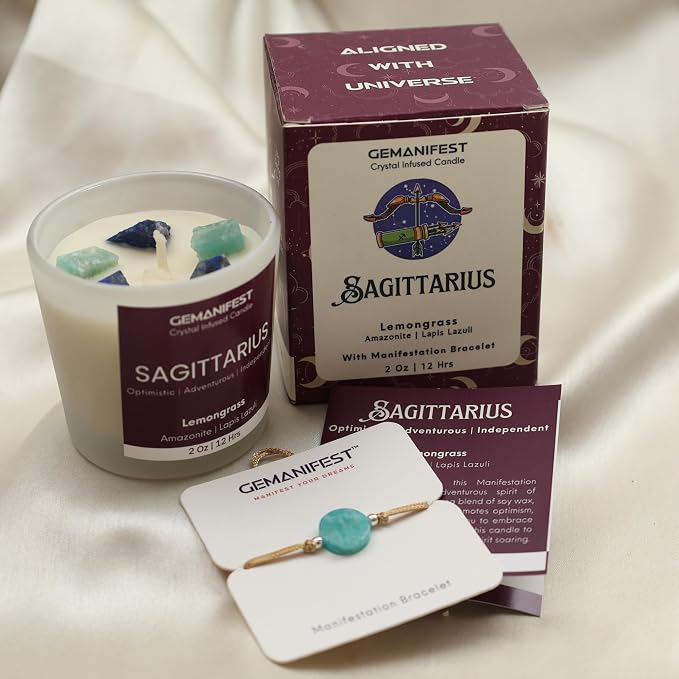 Sagittarius Zodiac Candle Gifts for Women with Sagittarius Bracelet Lemongrass Crystal Candle for Manifestation Birthday Birthstone Spiritual Thoughtful Gifts