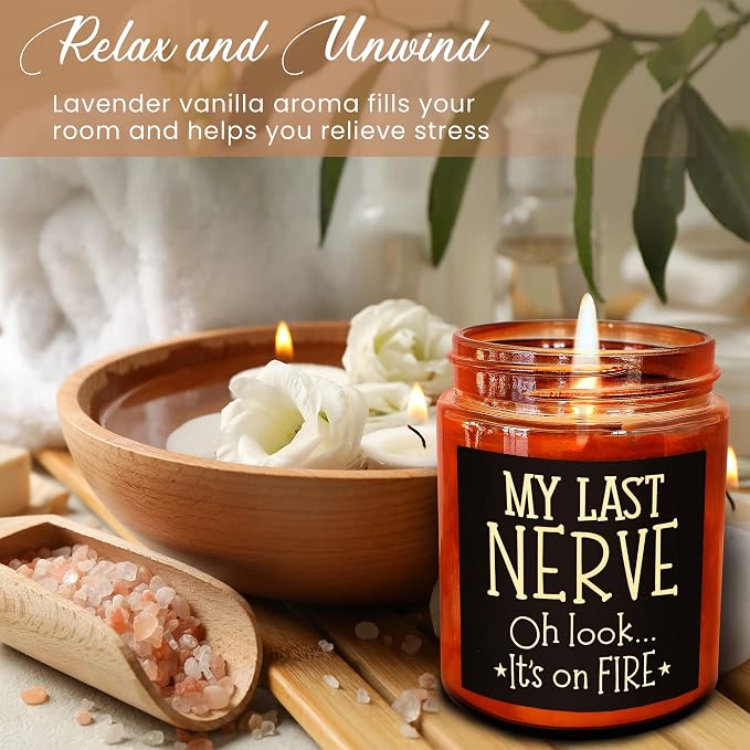 Funny Gifts for Women Men - My Last Nerve Candle - Fun Fathers Day Gift for Dad Husband Coworker Friends - Birthday Gift for Her Wife Sister Daughter Bestie - Relax Stress Relief Soy Candle
