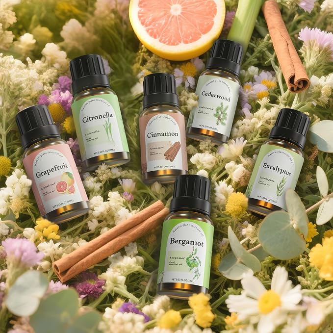 Essential Oils Set for Diffuser, 6 x 10ml Aromatherapy Oils for Home | Scents of Cedarwood, Cinnamon, Citronella, Eucalyptus, Bergamot, Grapefruit Oils for Bedroom, Office & DIY