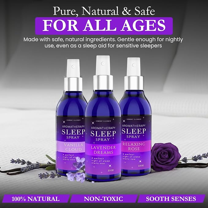Pillow Sleep Spray Mist for Deep Sleep | Help Stress & Anxiety Relief Aid | (Pack of 3) Calming Lavender, Vanilla, Rose Mist | by Combat Cleaner