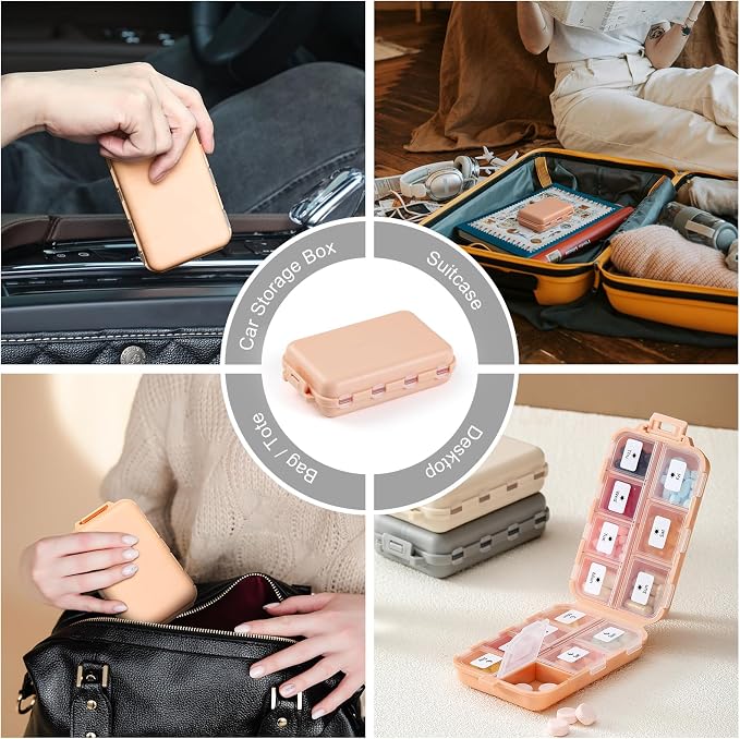 LANDNEOO 14 Grids Pill Organizer Box with Labels, Travel Medication Holder Dispenser Case Kit, Pocket Daily Pharmacy Container for Fish Oil Vitamin Supplement Storage, Khaki Pink Grey, 3 Pack