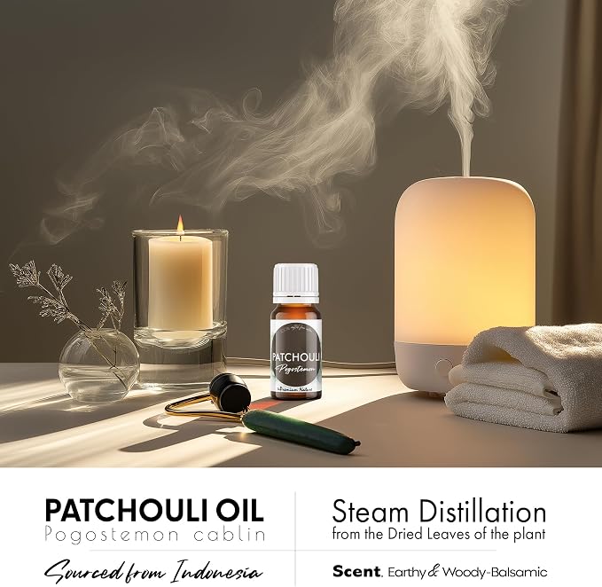 Organic Patchouli Essential Oil | 100% Pure & Natural Pogostemon cablin Leaf Oil with Deep Earthy Woody Aroma | for Diffuser, Candle Making & DIY Aromatherapy Blends, 0.34 fl oz