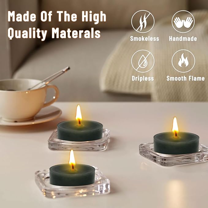 Hand-Poured Black Sandalwood Scented Tea Light Candles 4 Hour Clean Burning Smokeless Round Tealight Candle Clear Cups Perfect for Relaxation Meditation Yoga Bath Stress Relief