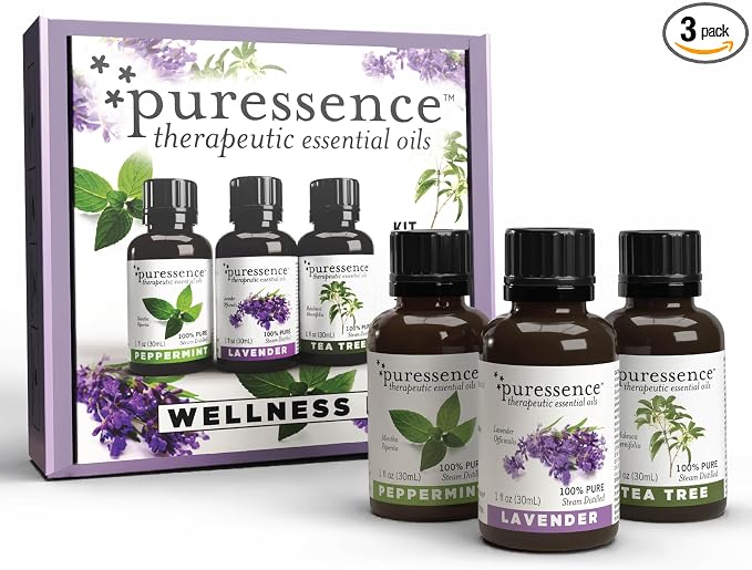 Puressence Oil Set, Blends for Diffusers, 100% Pure Essential Oils, Aromatherapy Oil Fragrances, Essential Oils for Skin, Lavender, Tea Tree and Peppermint, 3 Fl Oz, 3 Pack