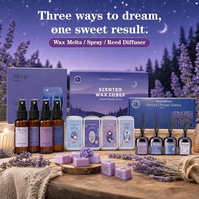 SCENTORINI Wax Melts, Soy Wax Cubes Strong Scent, Lavender Essential Oil Scented for Sleep, Summer Scents Wax Melts for Warmer Gift Set, 10 oz 4-Pack - Lavender & Amber, Juniper, Geranium, Vanilla