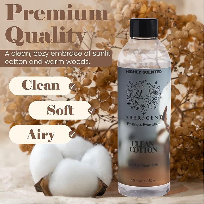 Clean Cotton Aberscent Premium Reed Diffuser Oil Refill (8.5 Fl Oz/250ml) – Long-Lasting Fragrance Oil for Home, Office & Spa – Relaxing Scent, Luxury Hotel-Style Aroma