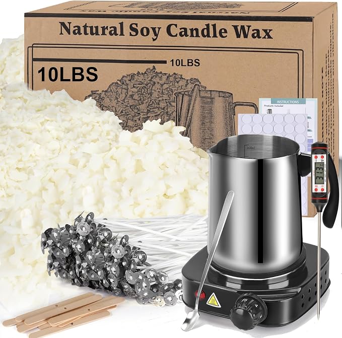 Soy Wax Candle Making Kit Supplies With Wax Melter, Natural Candle Wax For Candle Making, DIY Art&Crafts Kit for Adults,Beginner, Including 10lbs Soy Wax Flakes, Electric Stove,CandleWick,Melting Pot