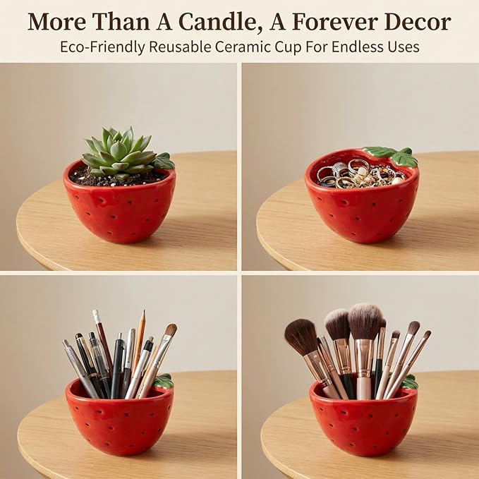 Strawberry Scented Candle – 4.23 oz (120g) Natural Soy Wax, 30-Hour Clean Burn, Strawberry-Shaped Ceramic Jar, Home Fragrance & Thoughtful Gift for Home (Red)