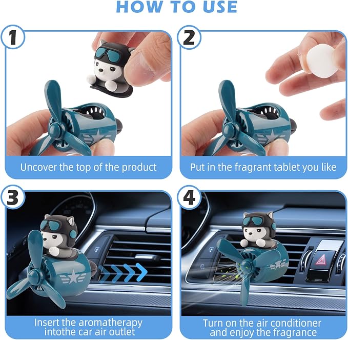 2pcs Bear Pilot Car Air Fresheners Cute Cartoon Automotive Air Outlet Propeller Car Diffuser Creative Car Perfume Decoration for Car Vent Clips for Women Men Cool Car Accessories (Bear + Teddy Bear)