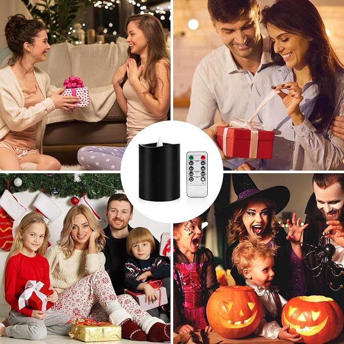 Black Flameless LED Candles - 3" x 4" Real Wax, Battery Operated with Remote Timer, 3D Flickering, Lasts 600+ Hours, Halloween & Christmas Deco (Black, 3"*4"-1pcs)