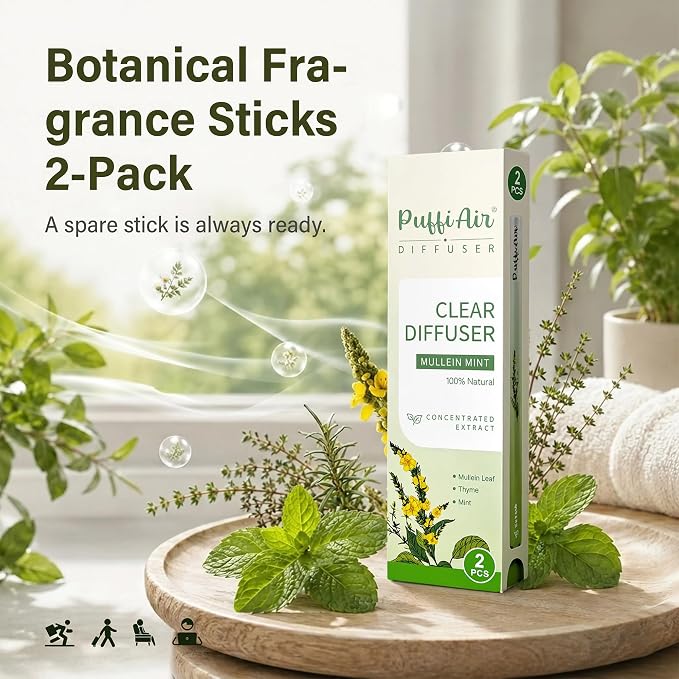 PUFFIAIR Botanical Fragrance Stick Set – Plant-Based Mullein, Thyme & Mint Botanical Scent, Portable Non-Electric Personal Fragrance Accessory, 2-Pack