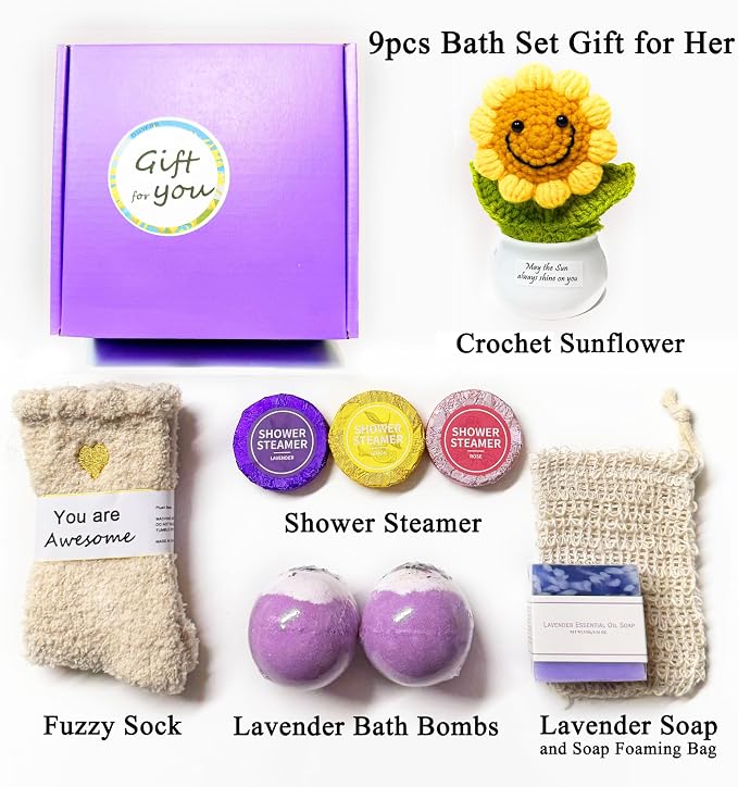 Bath Sets for Women Gift Spa Kit - Lavender Bath Bombs Soap Shower Steamer Positive Sunflower for Birthday Mother's Day, Sending Sunshine, Get Well Soon, Uplifting, Relaxing for Girls