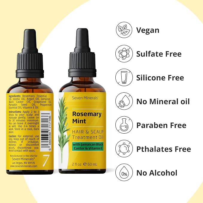 Seven Minerals, NEW Rosemary Oil for Hair Growth, Infused with Jamaican Black Castor Oil, Vitamin E, Mint & Natural Hair Strengthening Oils, Thicker, Longer, Softer Hair for Men & Women (2 fl oz)
