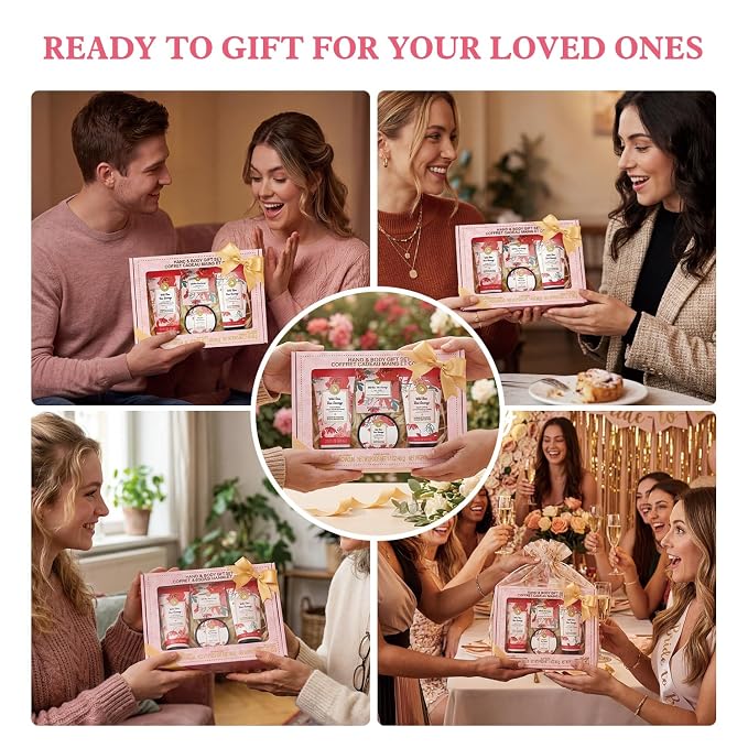 BODY & EARTH # LOVE Hand Cream Gifts Set for Women, 4PCS Wild Rose Bath and Body Gift Set with Hand Cream, Body Lotion, Body Scrub, Soap, Self Care Kit Spa Gifts for Women Birthday Gift for Her