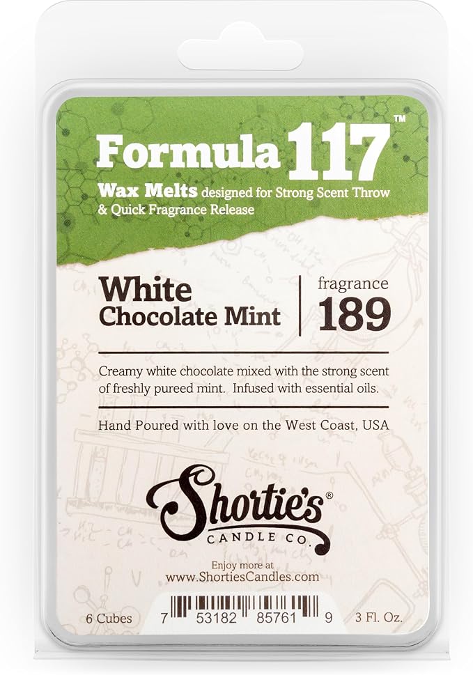 Shortie's Candle Company White Chocolate Mint Premium Wax Melts - 3 Oz., Strong & Long Lasting, Non-Toxic - Made with Essential & Natural Oils - Formula 117