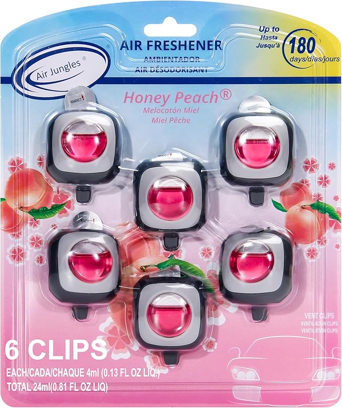 Air Jungles Honey Peach Scent Pink Car Air Freshener Vent Clip, 6 Count Long Lasting Up to 180 days, Natural Essential Oil Car Fragrance for Women and Men, Odor Eliminator - 4ml Each