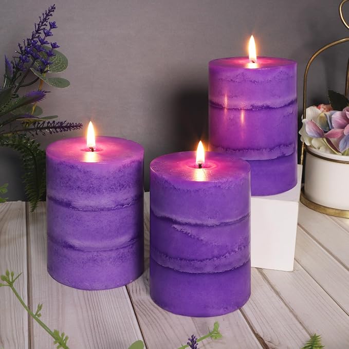 Dark Purple Pillar Candles Lavender Scented Decorative Aesthetic Long Clean Burning Fragrance Candle for Wedding Meditations Modern Home Decor Set of 3