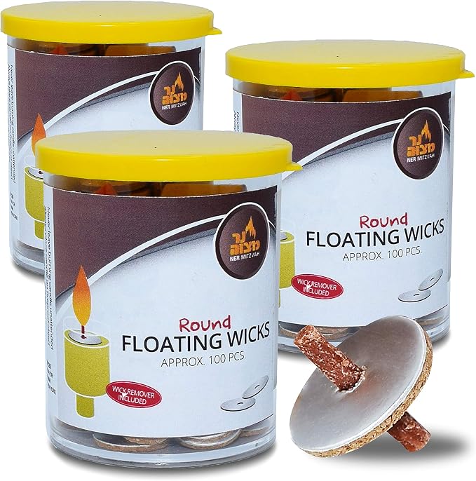 Ner Mitzvah Round Floating Wicks, Cotton Wicks and Cork Disc Holders for Oil Cups, Bonus Wick Removal Tweezers - 300 Count (Approx)