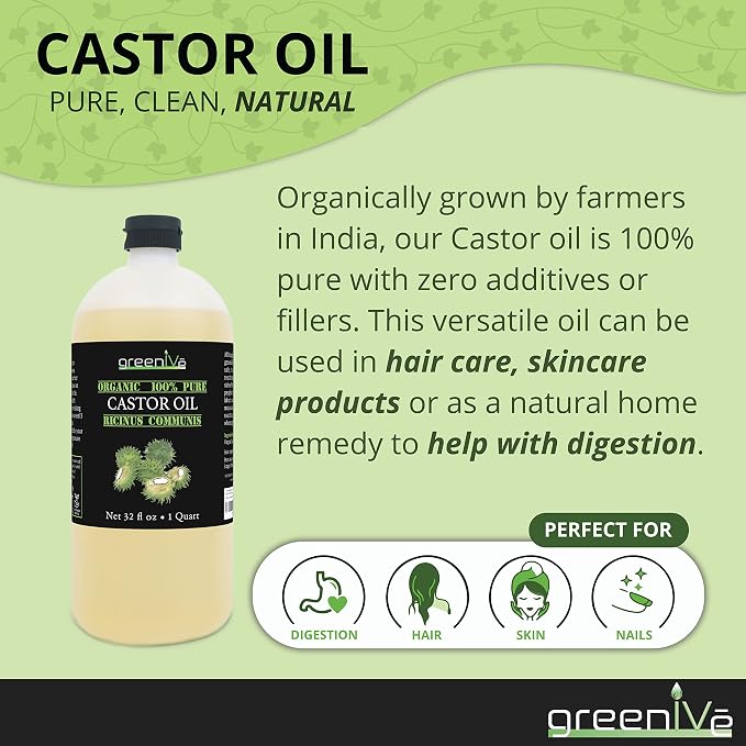 GreenIVe 100% Pure Castor Oil – Cold-Pressed, Hexane-Free – Hair, Eyebrows, Eyelashes, Skin Moisturizer, Castor Pack Wrap Oil Bulk Bottle (1 Gallon) | Cold-Pressed, USP Grade, Hair, Eyebrows, Eyelashes, Skin Moisturizer, Castor Pack Wrap Oil Bulk Bottle