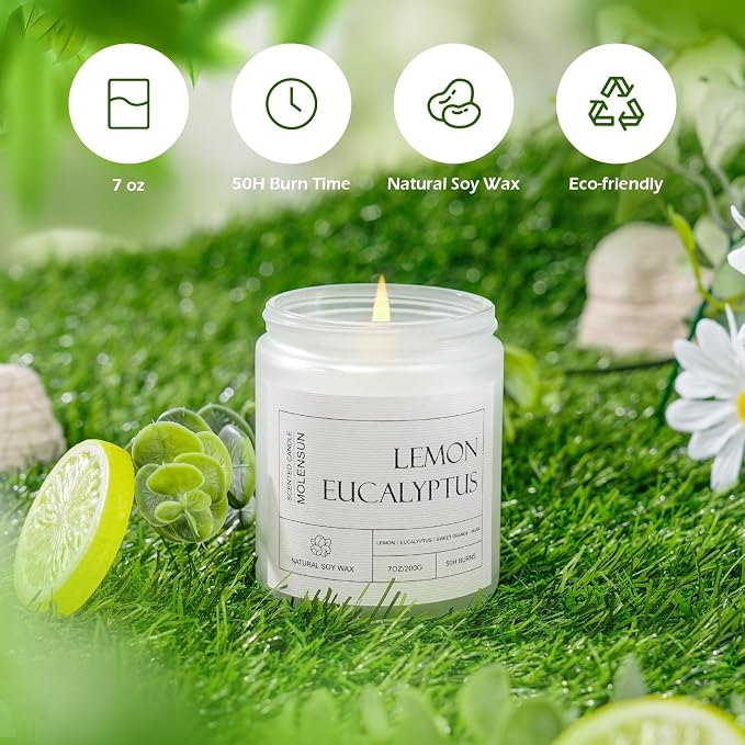 Molensun Lemon Eucalyptus Scented Candles, Aromatherapy Jar Candle, 7 oz Long Lasting Candles, Soy Wax Candle Gift for Women
