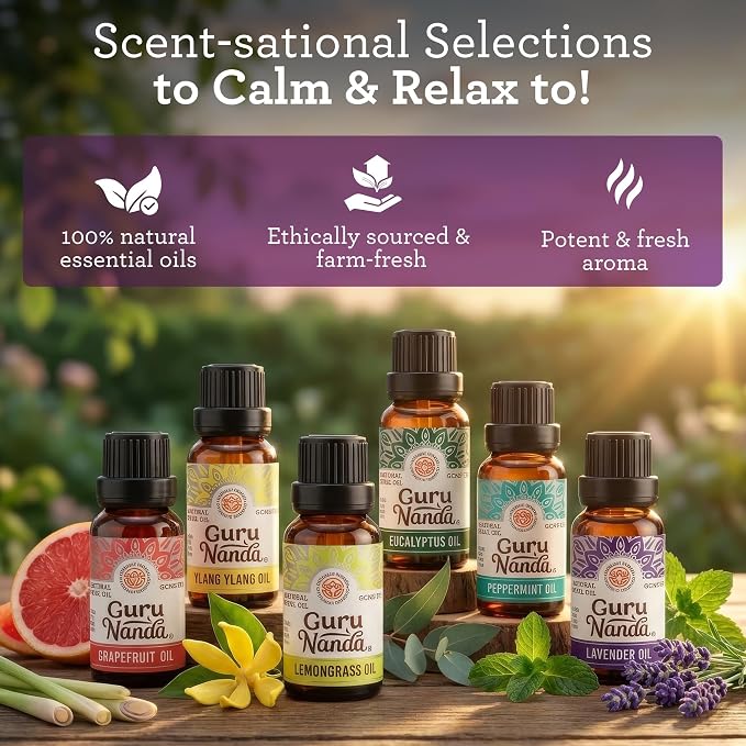 GuruNanda Essential Oils Set – 6 Pack (10mL Each), Lavender, Peppermint, Eucalyptus, Lemongrass, Grapefruit & Ylang Ylang, 100% Natural Aromatherapy Oils for Diffuser, Massage & DIY Candle Making