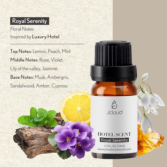JCLOUD Royal Serenity Essential Oil Inspired by Luxury Hotel | Hotel Scent - Pure Aromatherapy Diffuser Oil with Lemon, Jasmine and Amber, Home Luxury & Hotel Scents for Diffuser - 10mL