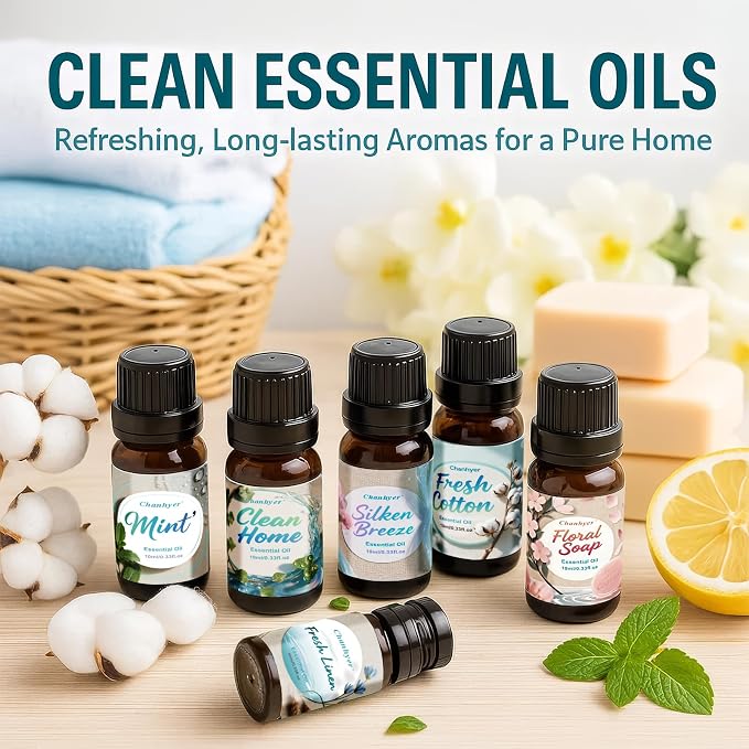 Clean Essential Oils Set 6x10ml-Fresh Linen,Mint,Clean Home,Silken Breeze,Fresh Cotton,Floral Soap for Diffuser,Home Fragrance