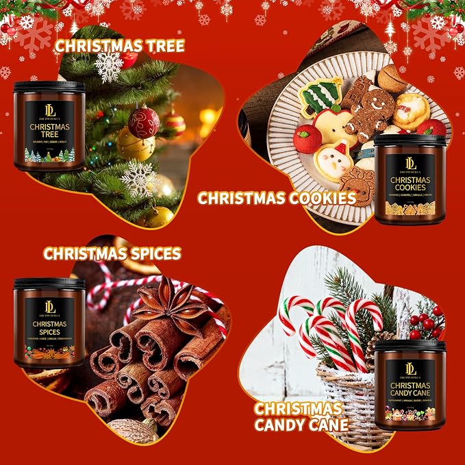 Holiday Candle Set, Scented Candle for Home, 4 Pack Soy Candles Gifts for Women Men, Scents of Christmas Tree/Cookies/Spices/Candy Cane