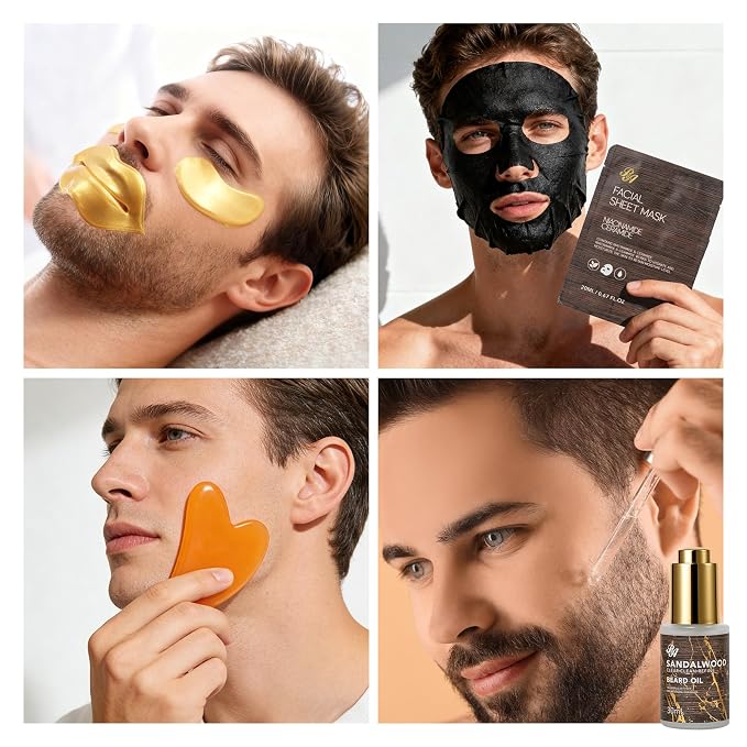 Sandalwood 32 Pcs Bath & Body Gift Basket for Men, Beard Grooming Set, Face Skin Care Kit, Men Home Spa Gift Set, Bath Bomb, Bear Oil, Birthday, Christmas, Valentines, Father's Day, Dad, Anniversary