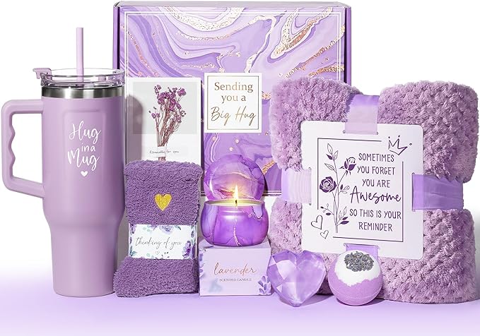Birthday Gifts for Women Self Care Get Well Soon Gifts, Lavender Relaxing Spa Bath Gift Basket Care Package w/ Flannel Blanket 40 OZ Tumbler, Mother's Day Gift for Mom Her Wife Girlfriend Grandma