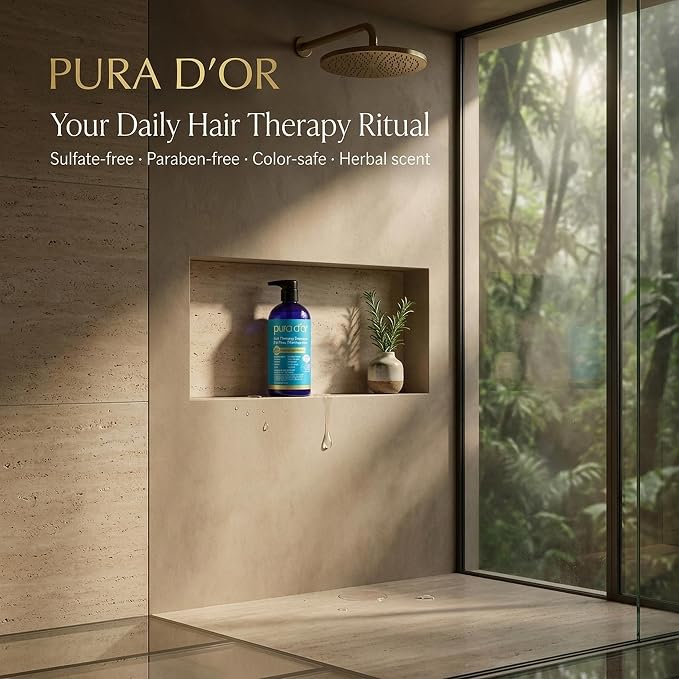 PURA D'OR Hair Thinning Therapy Biotin Shampoo - CLINICALLY TESTED Effective Results, Herbal Blend Hair Thickening Products For Women & Men, Color Safe Routine Shampoo, Herbal Scent 16 Fl Oz