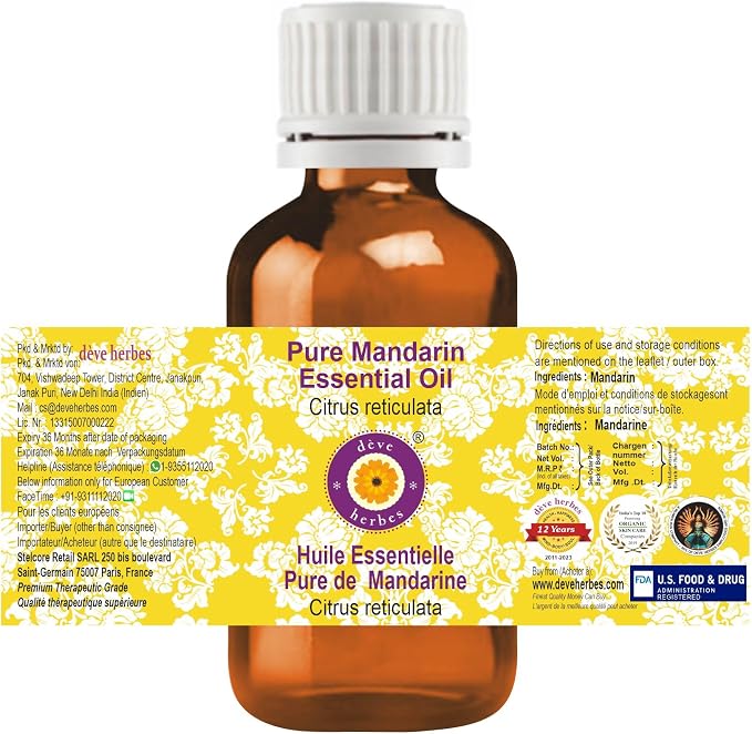 Deve Herbes Pure Mandarin Essential Oil (Citrus reticulata) Steam Distilled 10ml (0.33 oz)