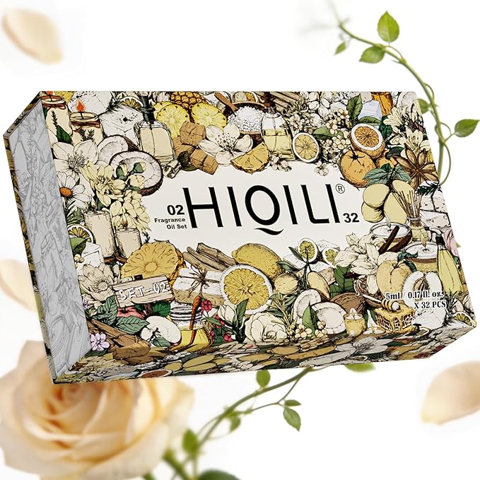 HIQILI Discovery Fragrance Oil Set – 32 pcs, Home Scent for Diffuser, Candle & Perfume Making, Gifts for Women, Long-Lasting Scent from 8 Curated Notes, Non-Toxic, Beautiful Packaging