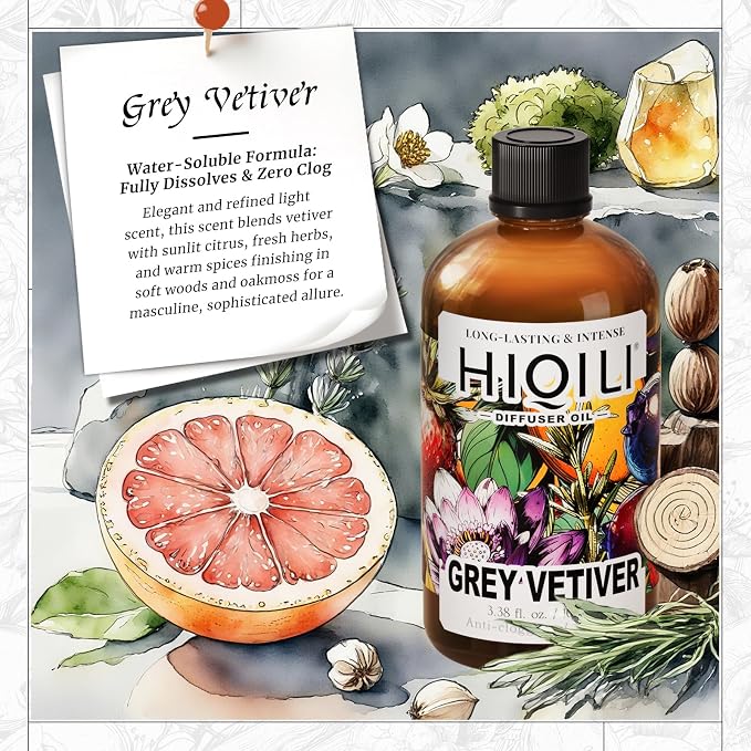 HIQILI Grey Vetiver Diffuser Oil, Fast Diffusion for Large Spaces, Pet - Safe, Suitable for Home and Other Scenarios - 3.38 Fl Oz