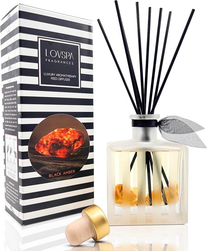 Reed Diffuser Set, Black Amber Scented Oil Diffuser with Sticks, Home Fragrance Accessories for Bathroom Shelf Decor, Aroma Diffusers for Home or Office Fall Decor, USA Made