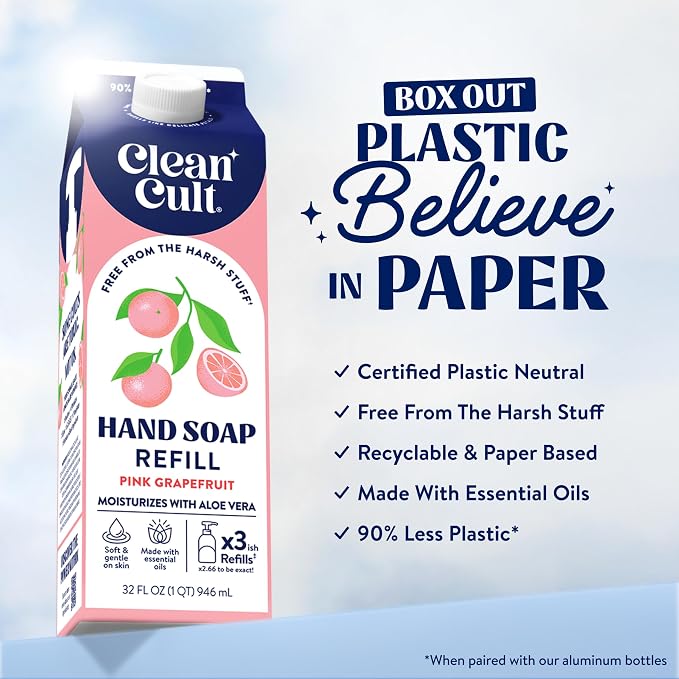 Cleancult Liquid Hand Soap Refill - Pink Grapefruit- Moisturizes Dry & Sensitive Skin - Made with Aloe Vera & Essential Oils - Eco Friendly - Paper-Based Packaging - 32 oz/2 Pack