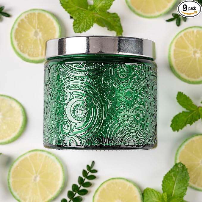 10 oz Green Sun Moon Stars Candle Jars with Metal Lids, 9 Pack | Patented Embossed Design, Includes Wick Centering Devices & Warning Labels, Multiple Color Options
