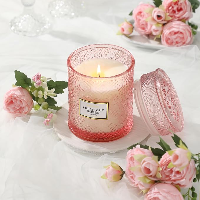 Rose Scented Candles,Pink Candles Gifts for Women, Valentine Luxury Large Decorative Candle in Glass, 19oz Natural Soy Wax for Home