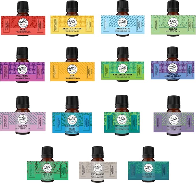 Wild Essentials 15-Piece 100% Pure Therapeutic Grade Essential Oil Synergy Blends Starter Kit - Aromatherapy Gift Set - Great for Diffusers 10ml Bottles, Made and Bottled in The USA
